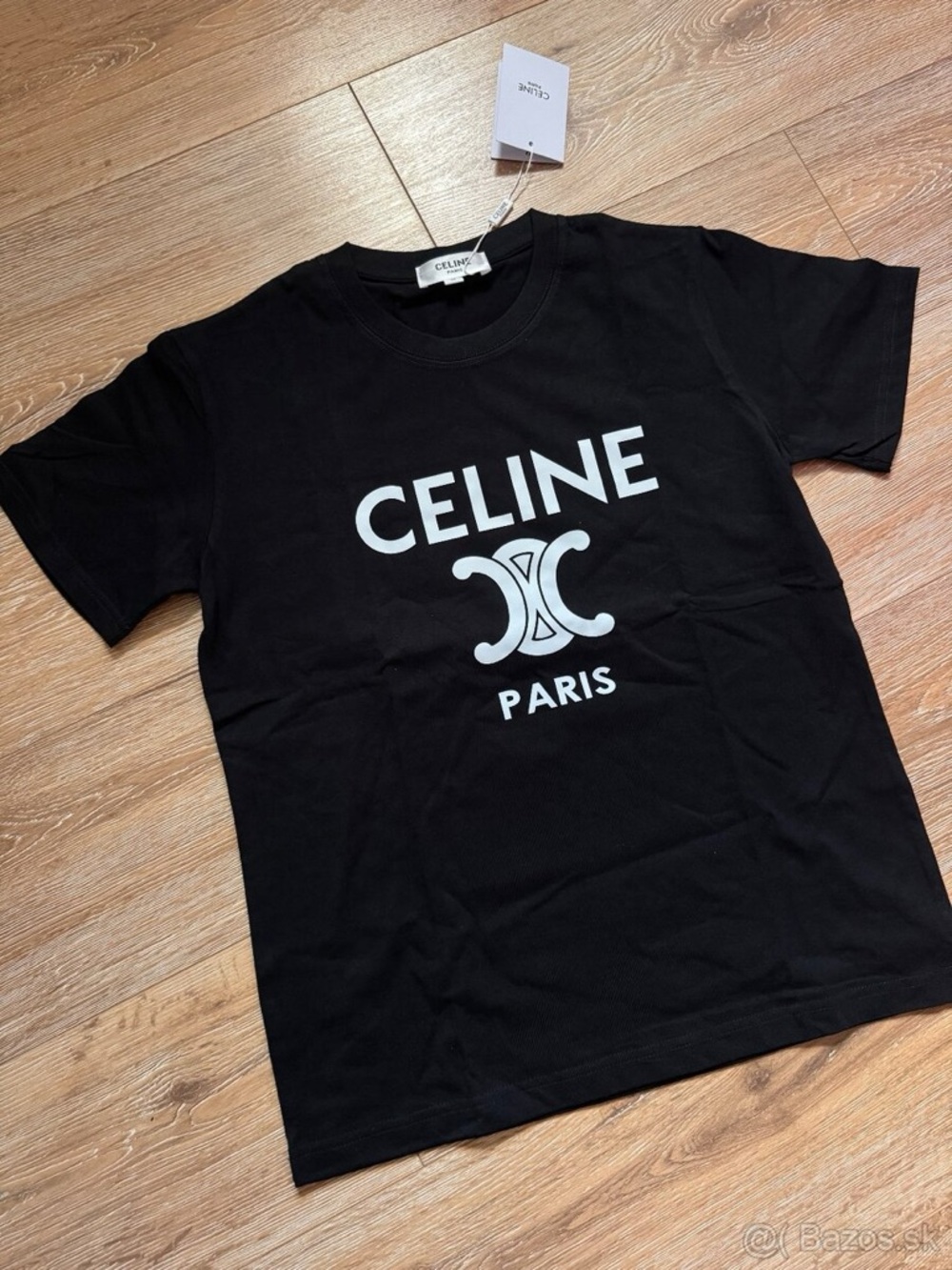 Celine Black Short Sleeve Logo Tee with White Print